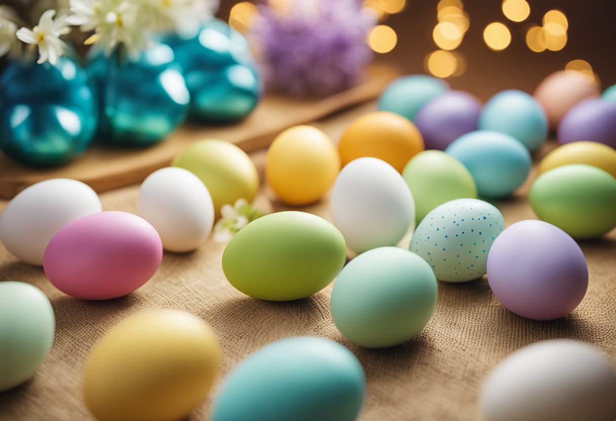 "12 classroom lesson plans for Easter" - A colorful array of Easter-themed materials and decorations, such as eggs, bunnies, and baskets, arranged on a teacher's desk or bulletin board