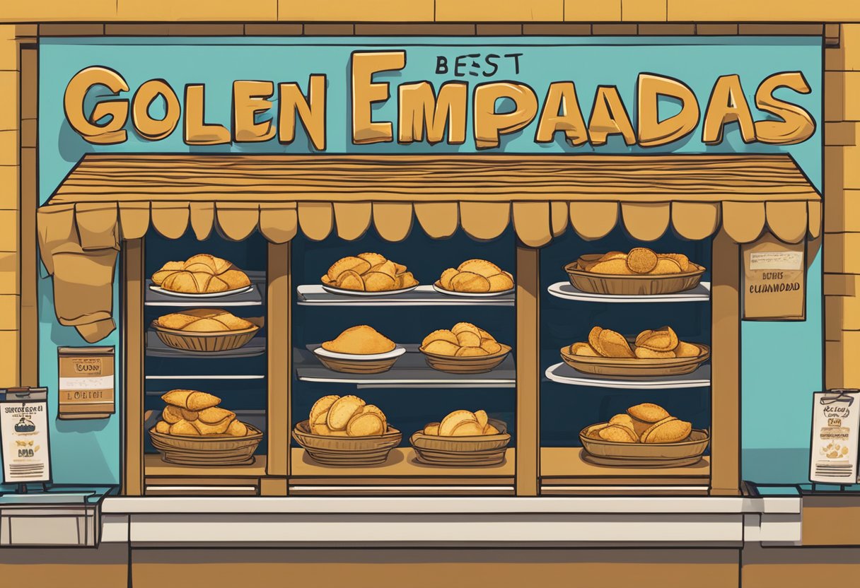 A table filled with golden-brown empanadas, steam rising from the flaky crusts. A sign reads "Best Empanadas in Orlando" above the display