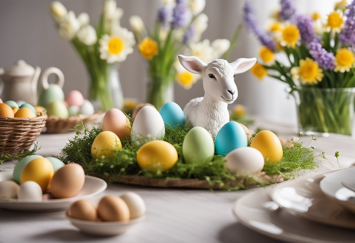 A table set with traditional Easter symbols: a cross, eggs, and a lamb. Bright colors and spring flowers decorate the scene