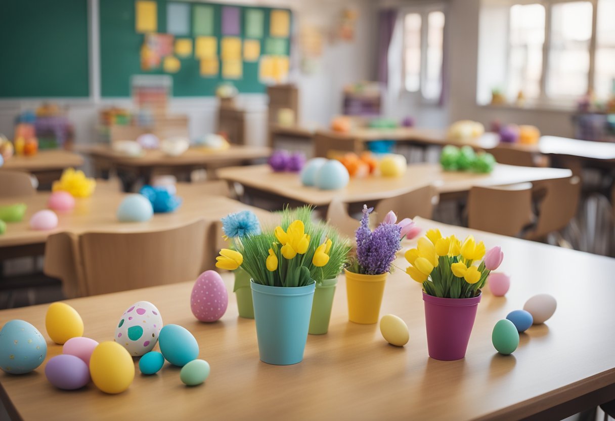 A classroom with Easter-themed art supplies and decorations. 12 lesson plans for Easter art activities displayed on a table