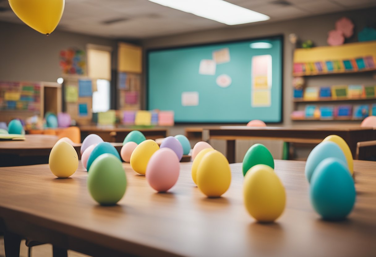 A classroom set up for Easter story time, with colorful decorations and a cozy reading area