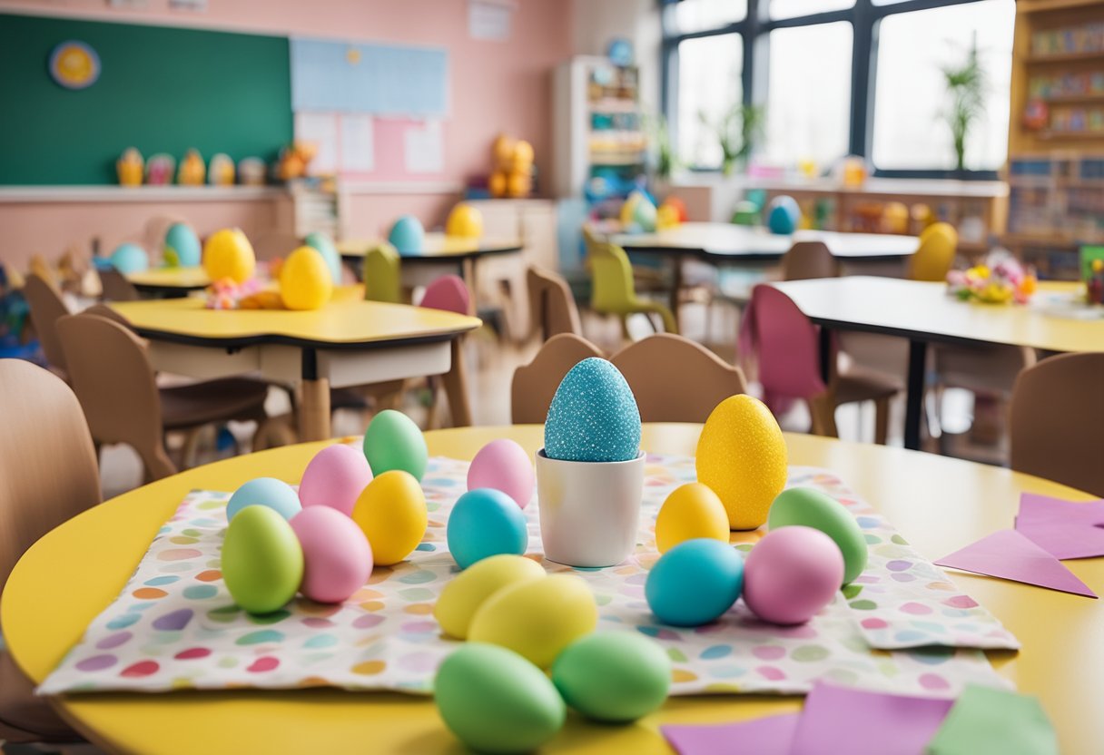 A classroom with colorful Easter decorations and children's artwork displayed. A table set up with various Easter-themed games and activities