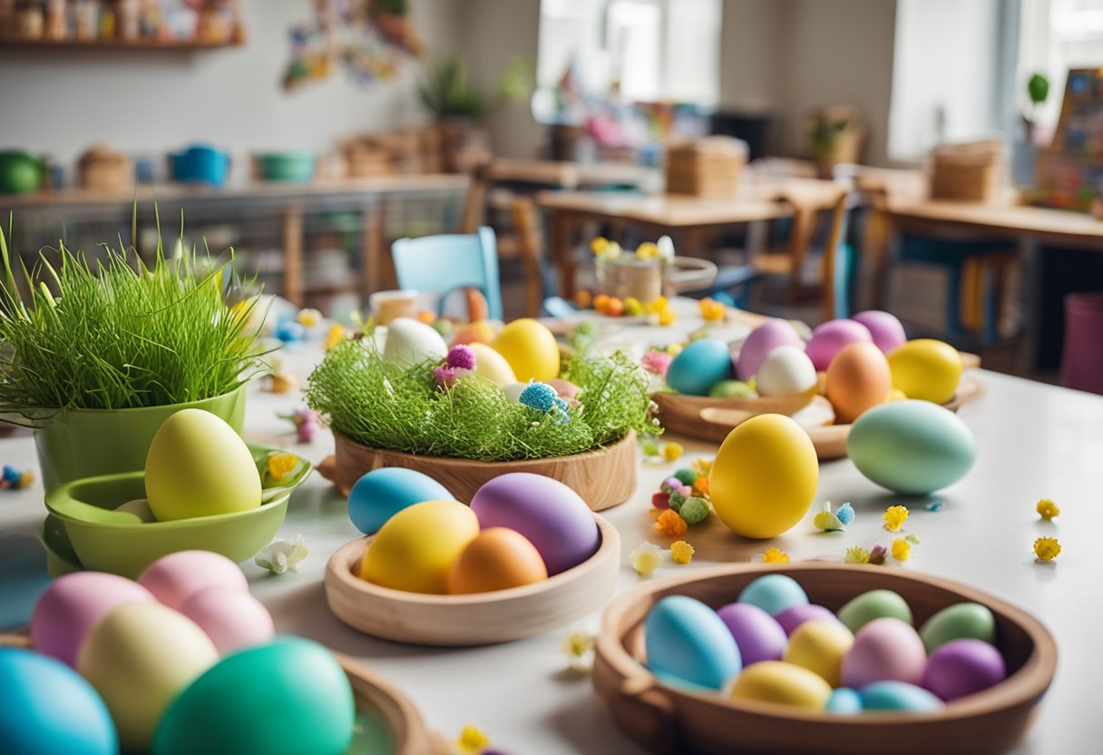 A classroom set up with colorful Easter decorations, a table with ingredients for making Easter recipes, and children's art supplies for a fun and educational Easter cooking activity