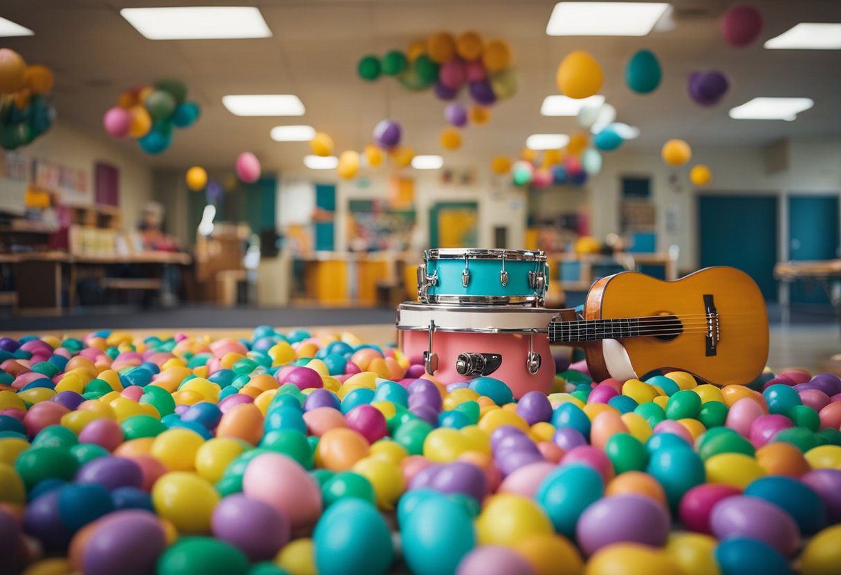 A classroom with musical instruments and colorful decorations for Easter-themed dance activities