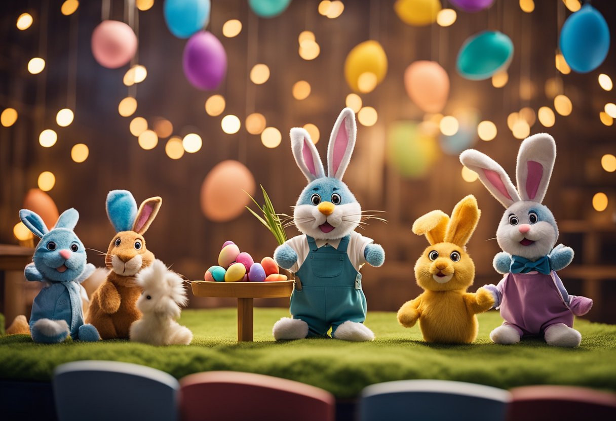 A classroom stage with Easter-themed puppets and props set up for a puppet show. Brightly colored backdrops and festive decorations complete the scene