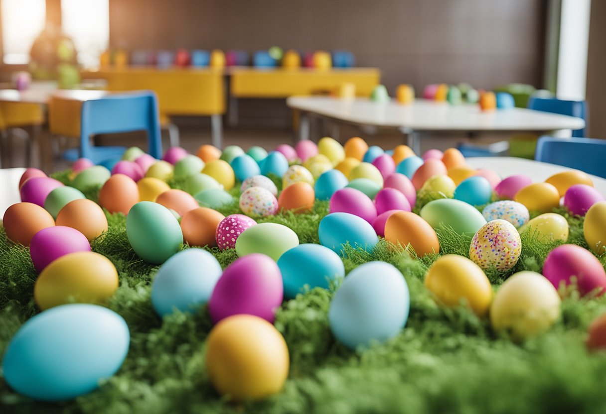 A classroom with Easter-themed educational games set up on tables. Decorations include colorful eggs, bunnies, and spring flowers