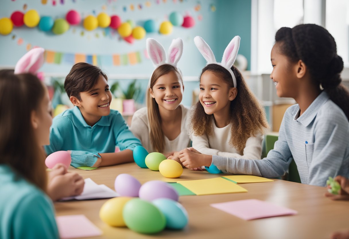 Students giving feedback on 12 Easter lesson plans. Classroom setting with colorful decorations and Easter-themed materials