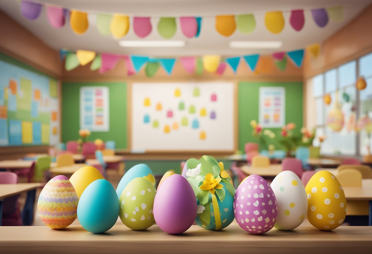 A colorful classroom with Easter-themed decorations and 12 lesson plans displayed on a bulletin board. Easter eggs, bunnies, and spring flowers add to the festive atmosphere