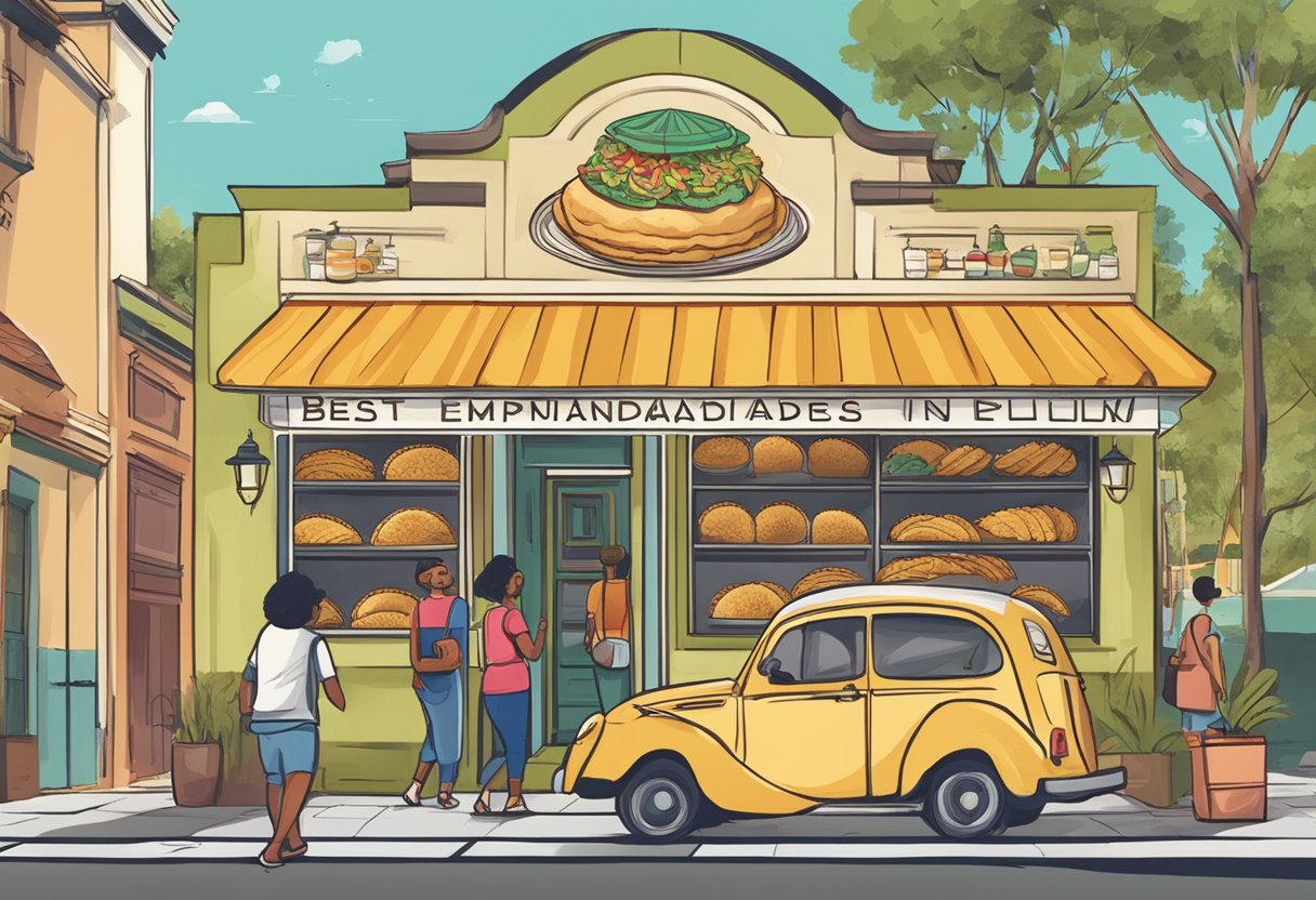 A bustling empanada shop with a sign reading "Best Empanadas in Orlando." Customers enjoy quality food and attentive service