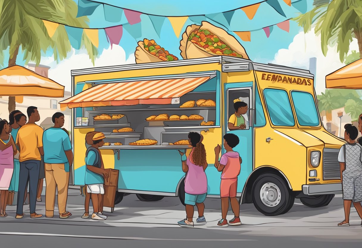 A colorful food truck surrounded by hungry customers, with the aroma of freshly baked empanadas filling the air. The sign proudly displays "Best Empanadas in Orlando" as people eagerly line up to place their orders