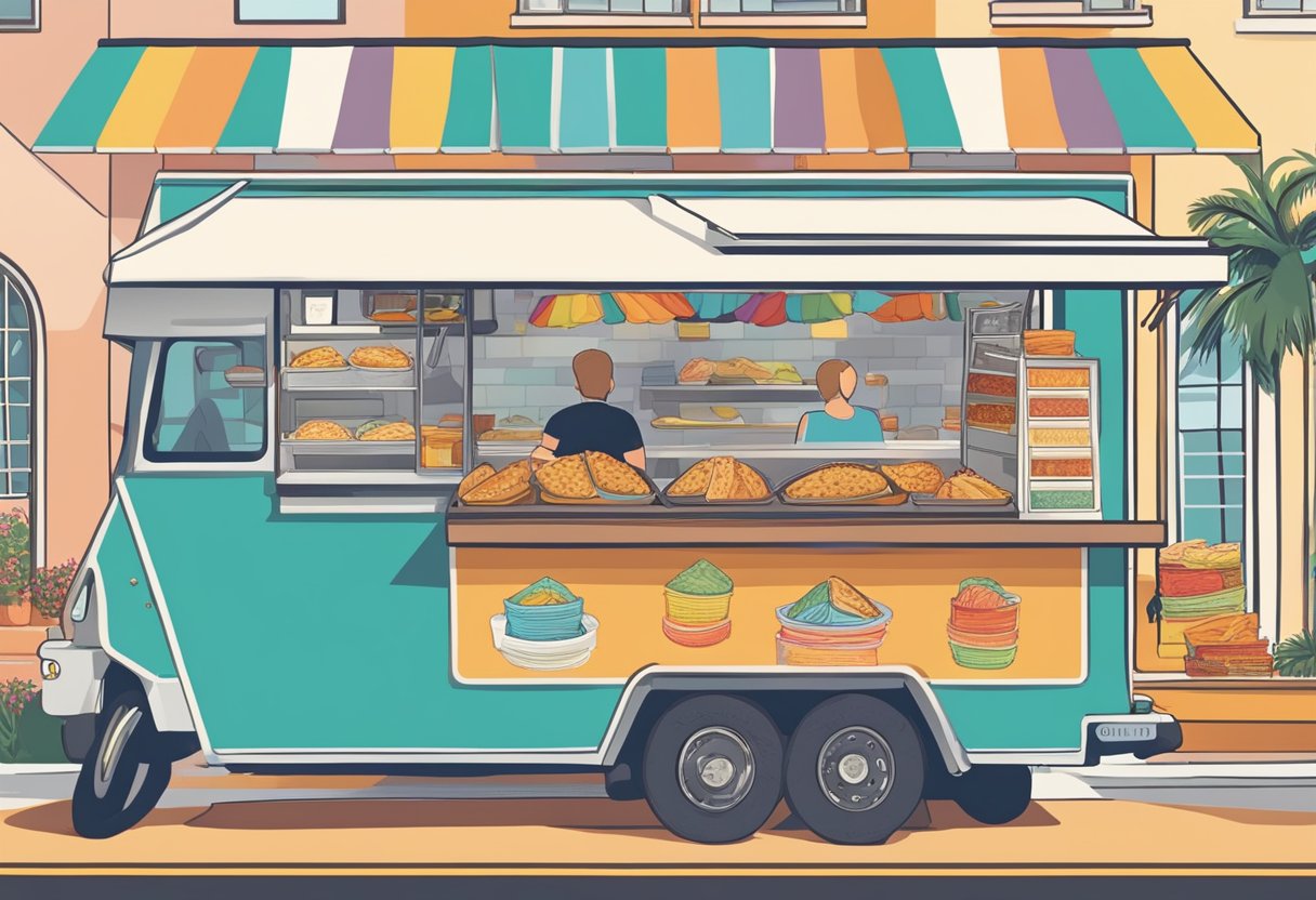 Customers savoring diverse empanadas at bustling food trucks and colorful storefronts in Orlando. A variety of savory and sweet fillings on display