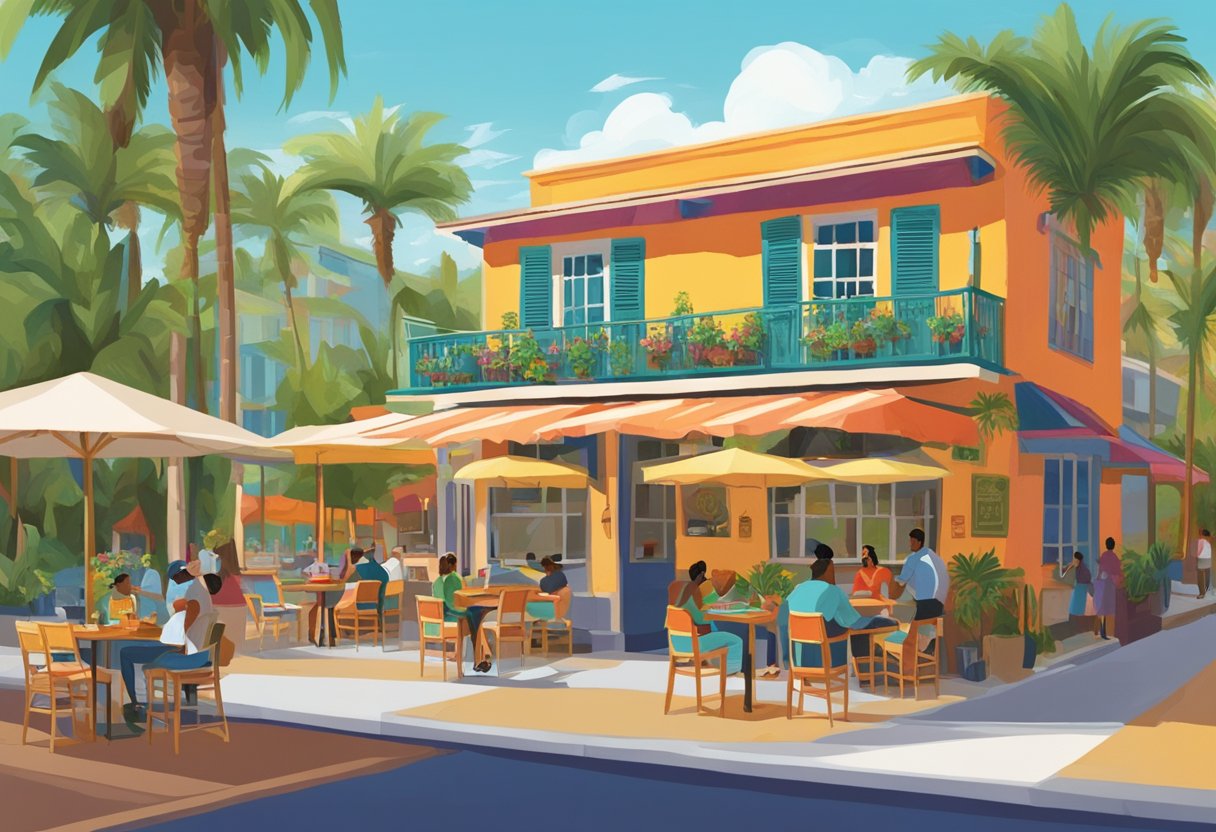 Colorful Caribbean restaurants in Orlando, with palm trees, outdoor seating, and vibrant signage. A variety of delicious dishes on display, creating a lively and inviting atmosphere