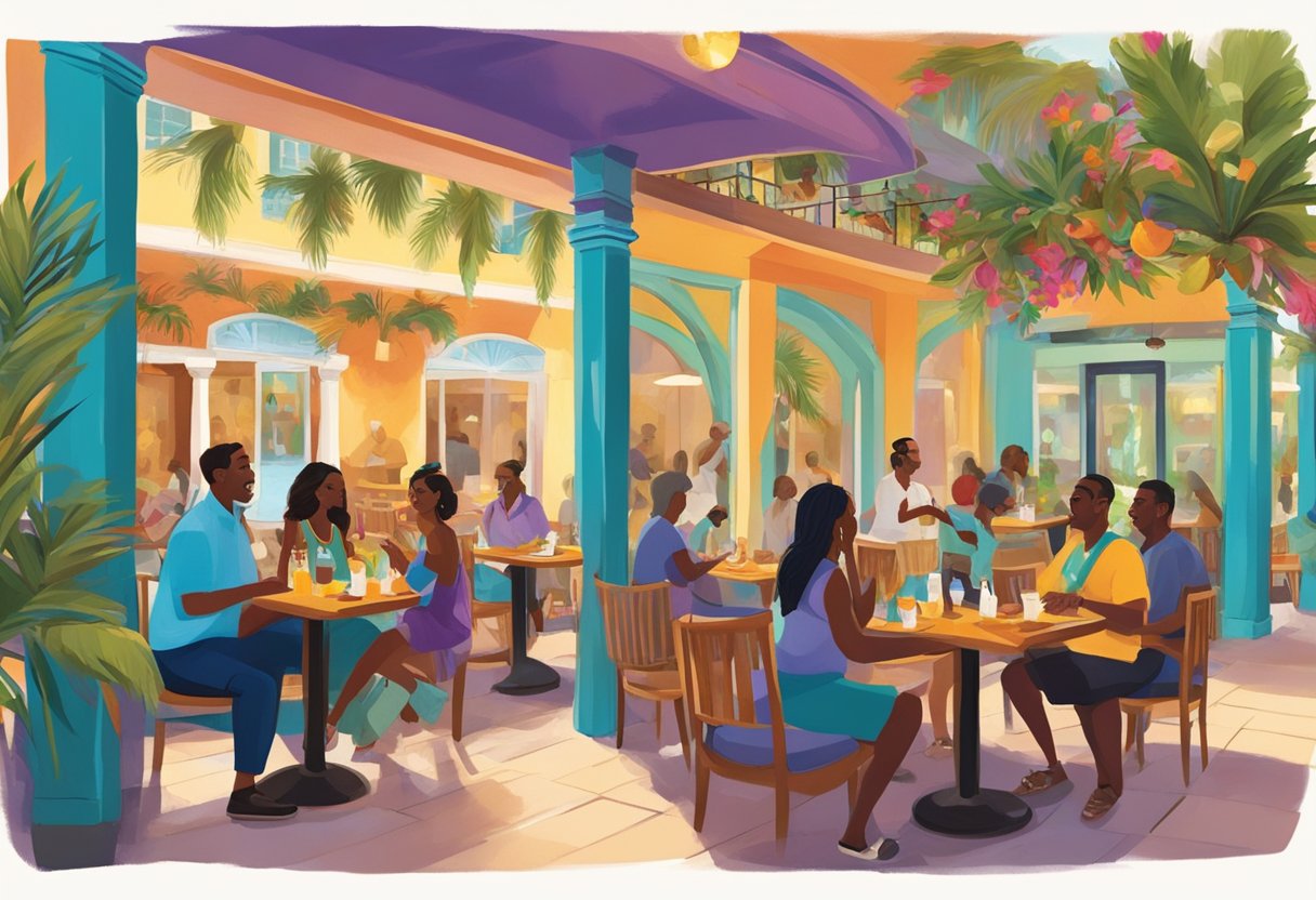 Customers enjoying vibrant Caribbean decor, savoring aromatic dishes, and swaying to rhythmic music at lively restaurants in Orlando