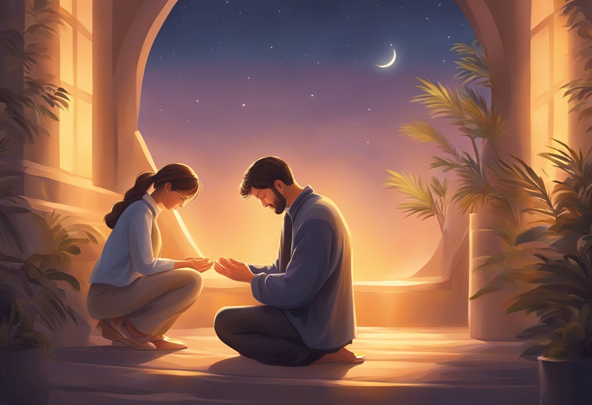 A couple kneels facing each other, hands clasped in prayer, surrounded by a warm, glowing light