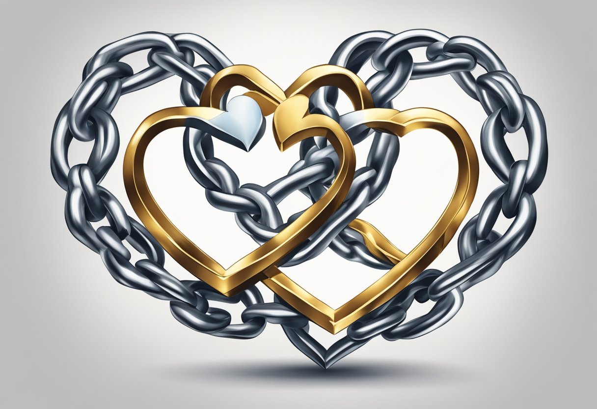 A couple's intertwined hearts breaking free from chains, symbolizing breakthrough in relationships and marriages
