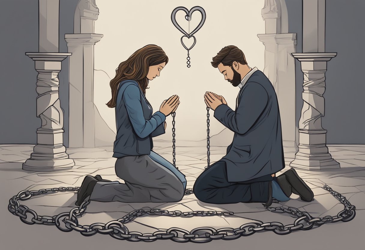 A couple kneeling in prayer, surrounded by broken chains and hearts mended together, symbolizing breakthrough in relationships and marriages