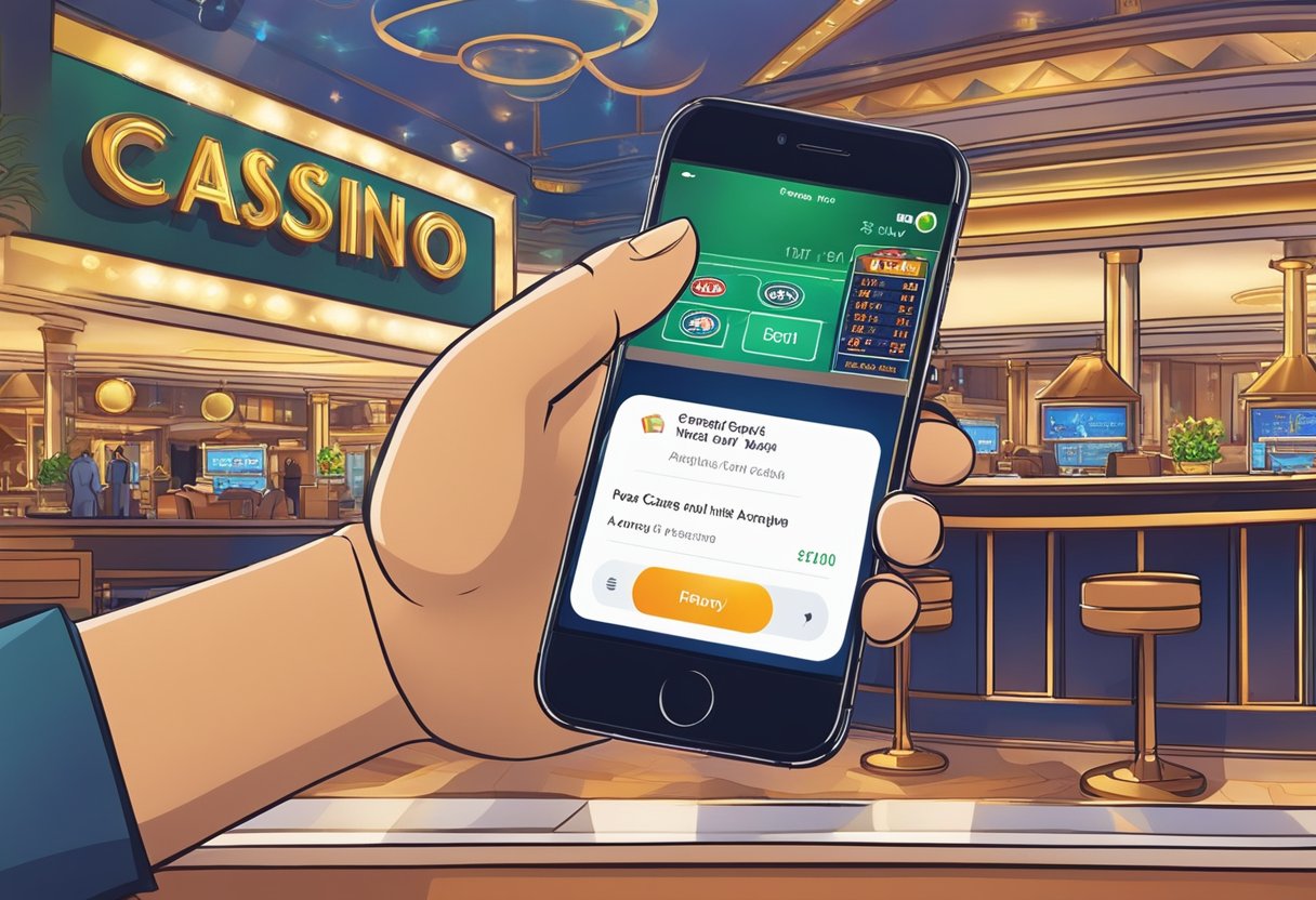 A hand holding an iPhone with a casino app open, tapping the Apple Pay button to deposit funds. The screen shows the transaction confirmation and the casino lobby in the background