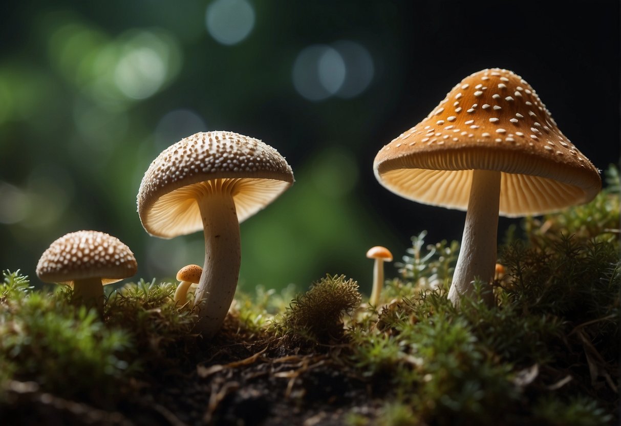 Fungi and animals share genetic and biochemical similarities. Show a mushroom and a small animal side by side, with DNA strands connecting them