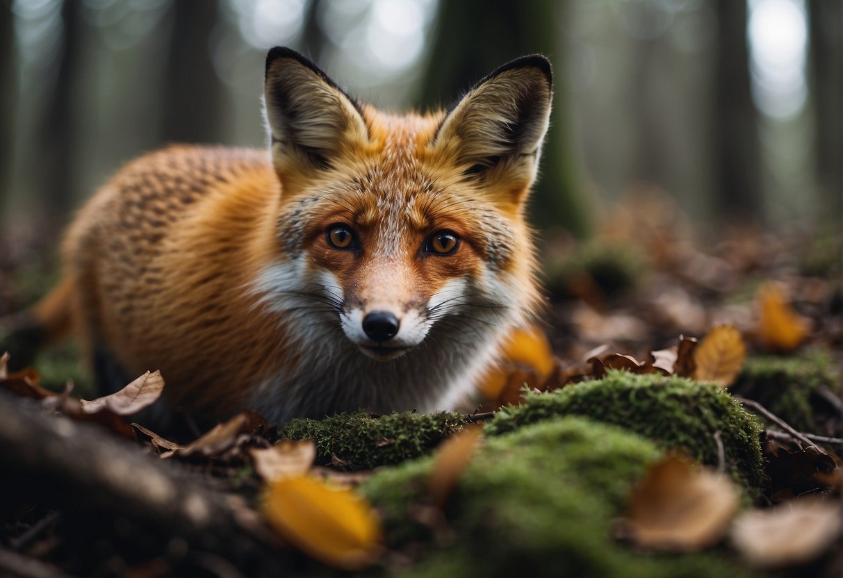 Fungi and animals interact in a forest ecosystem. A fox hunts for prey while fungi decompose fallen leaves