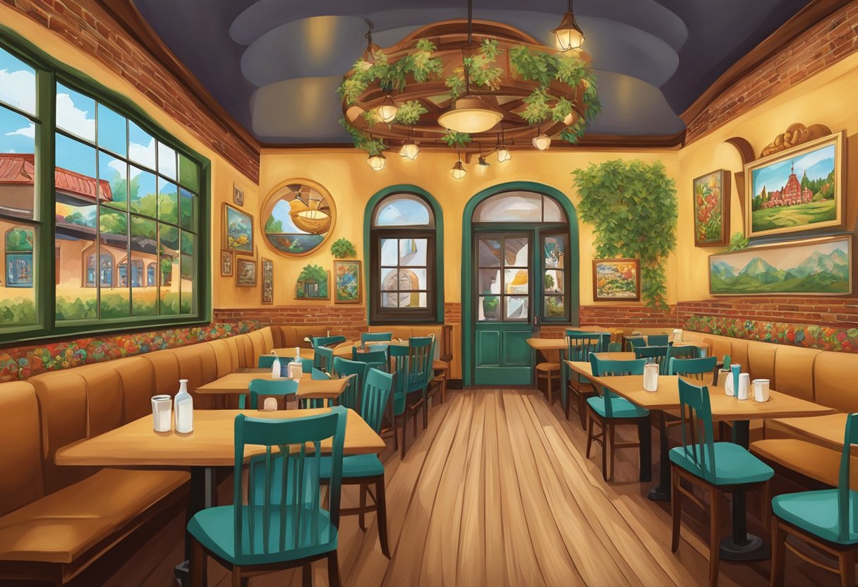 A cozy Polish restaurant in Orlando, with colorful murals of traditional Polish scenes adorning the walls. The aroma of pierogies and kielbasa fills the air as diners enjoy hearty meals at wooden tables