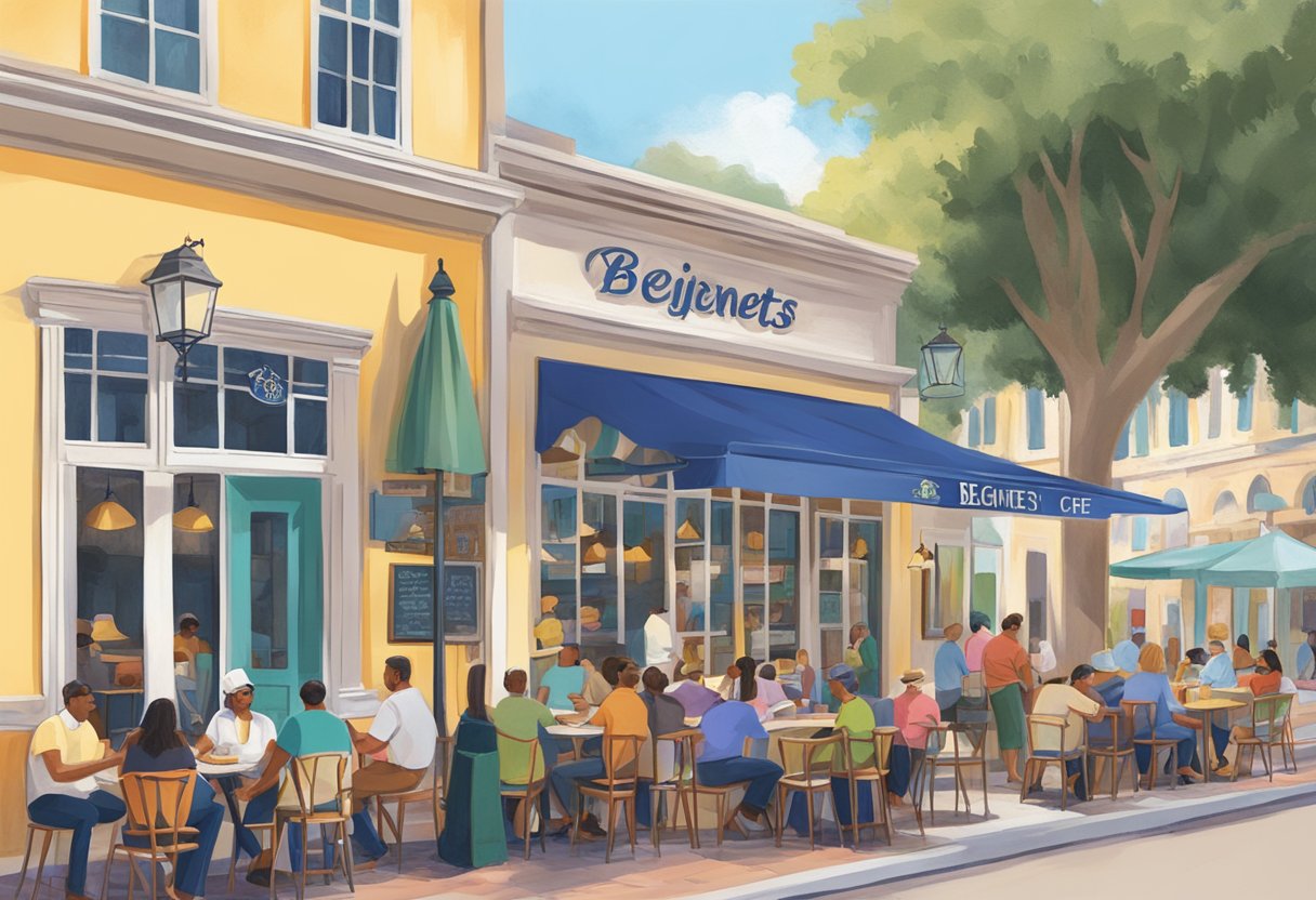 A small outdoor café in Orlando, with a colorful sign advertising "Beignets" and a line of customers waiting to order