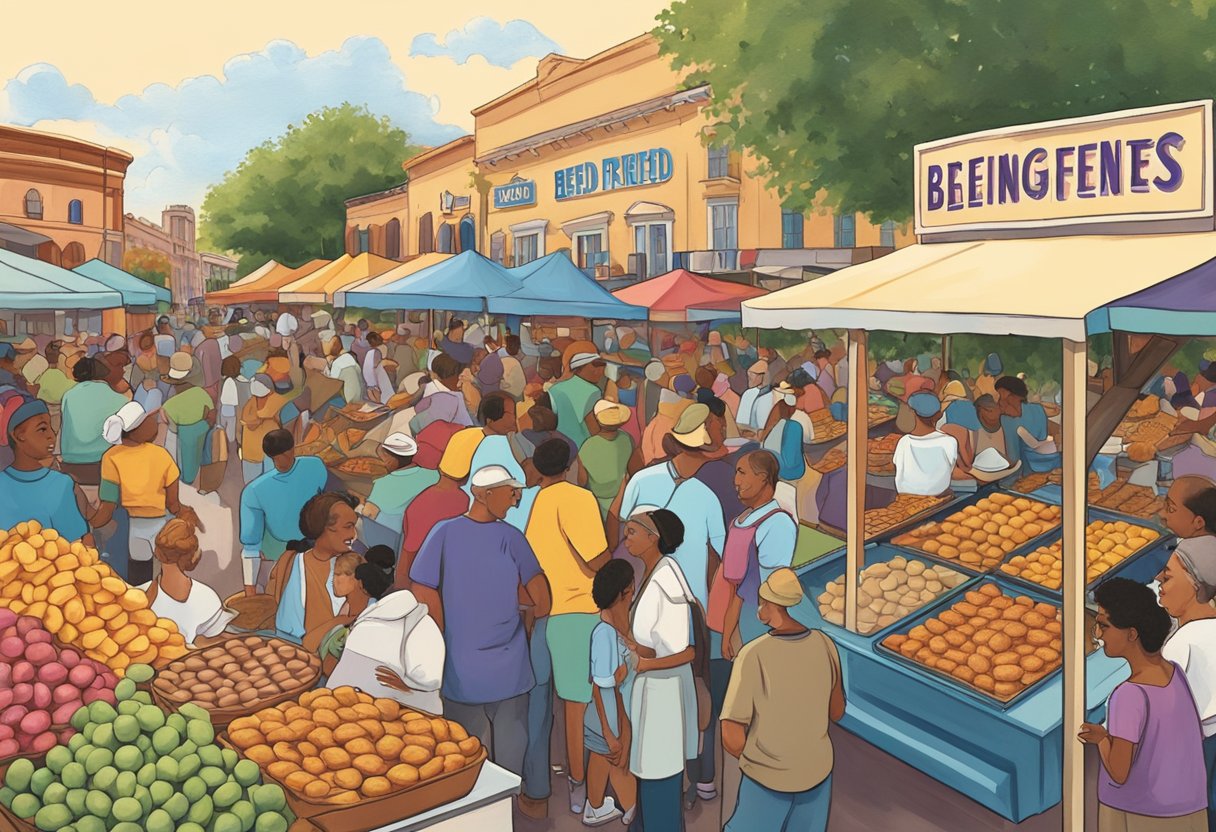 A bustling outdoor market in Orlando, filled with the sweet aroma of freshly fried beignets. A colorful sign advertises the history of this beloved treat, drawing in a crowd of eager customers