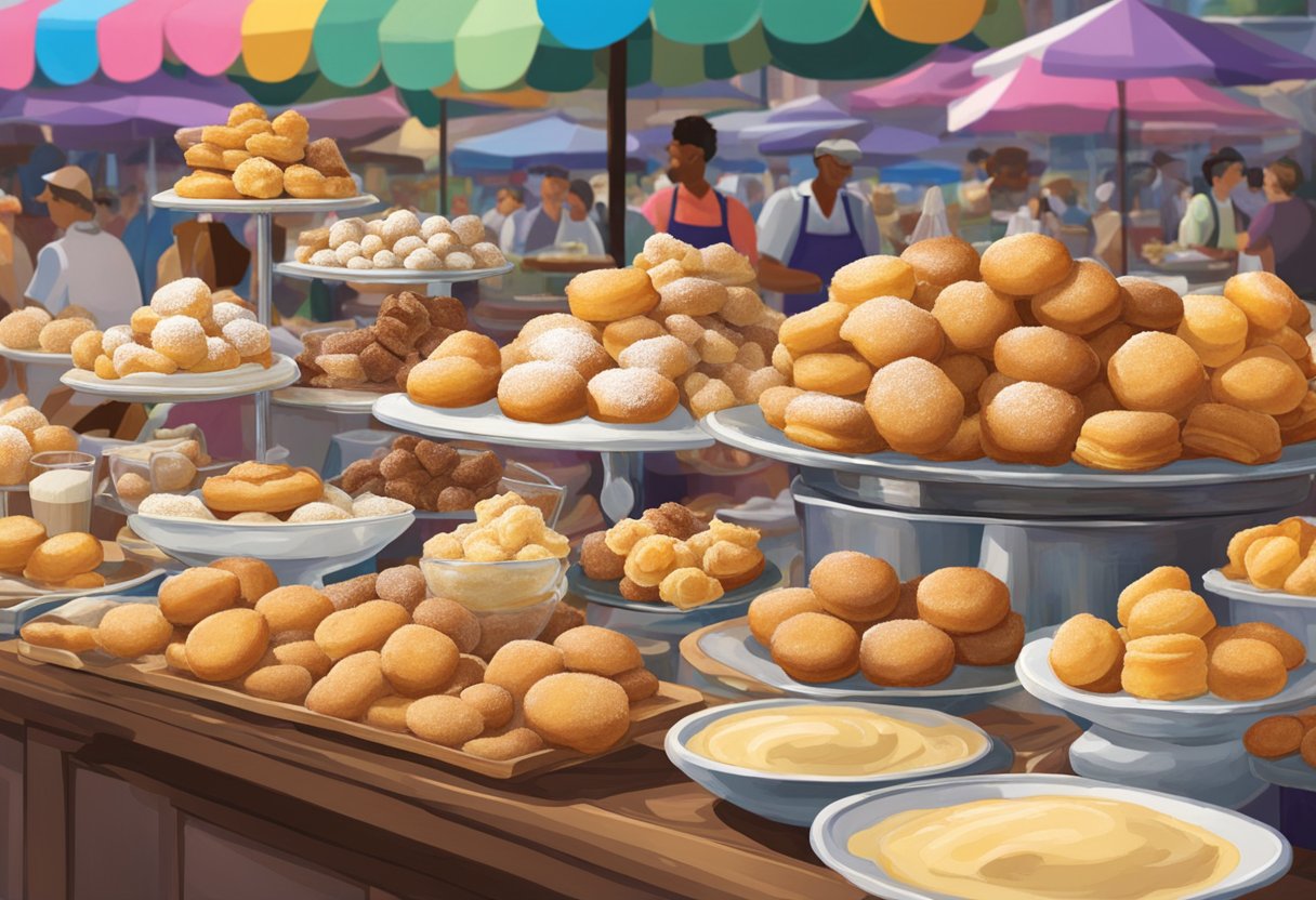 A table displays an array of beignet flavors and dishes in a bustling Orlando market. The colorful pastries are piled high, tempting passersby with their sweet aroma