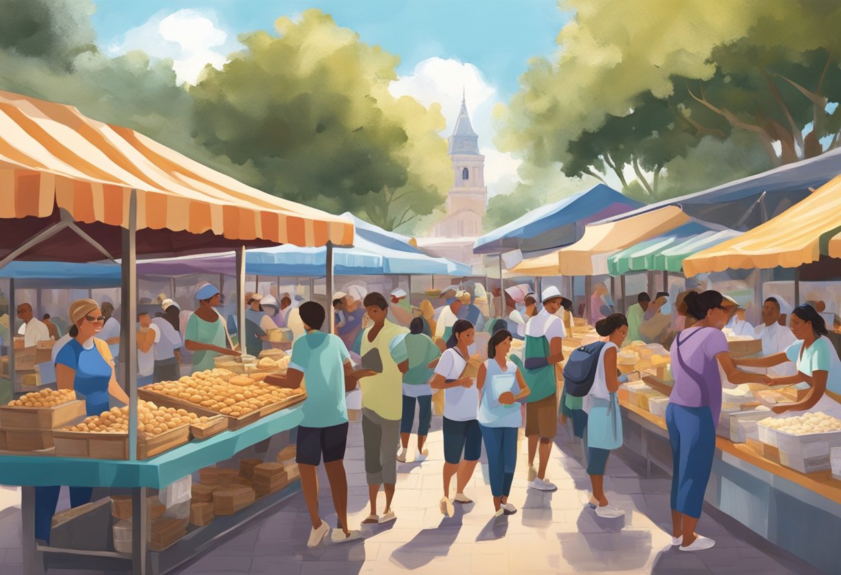 A bustling outdoor market with colorful stalls selling freshly made beignets in Orlando. The aroma of fried dough and powdered sugar fills the air as vendors serve eager customers