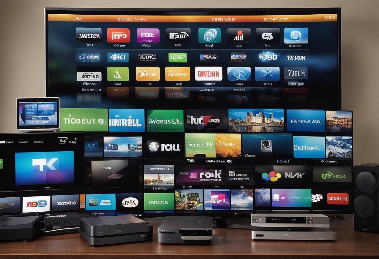 An array of electronic devices connected to a central streaming device, including Smart TV, iOS, PC, Windows, MacBook, Android, Roku, and more