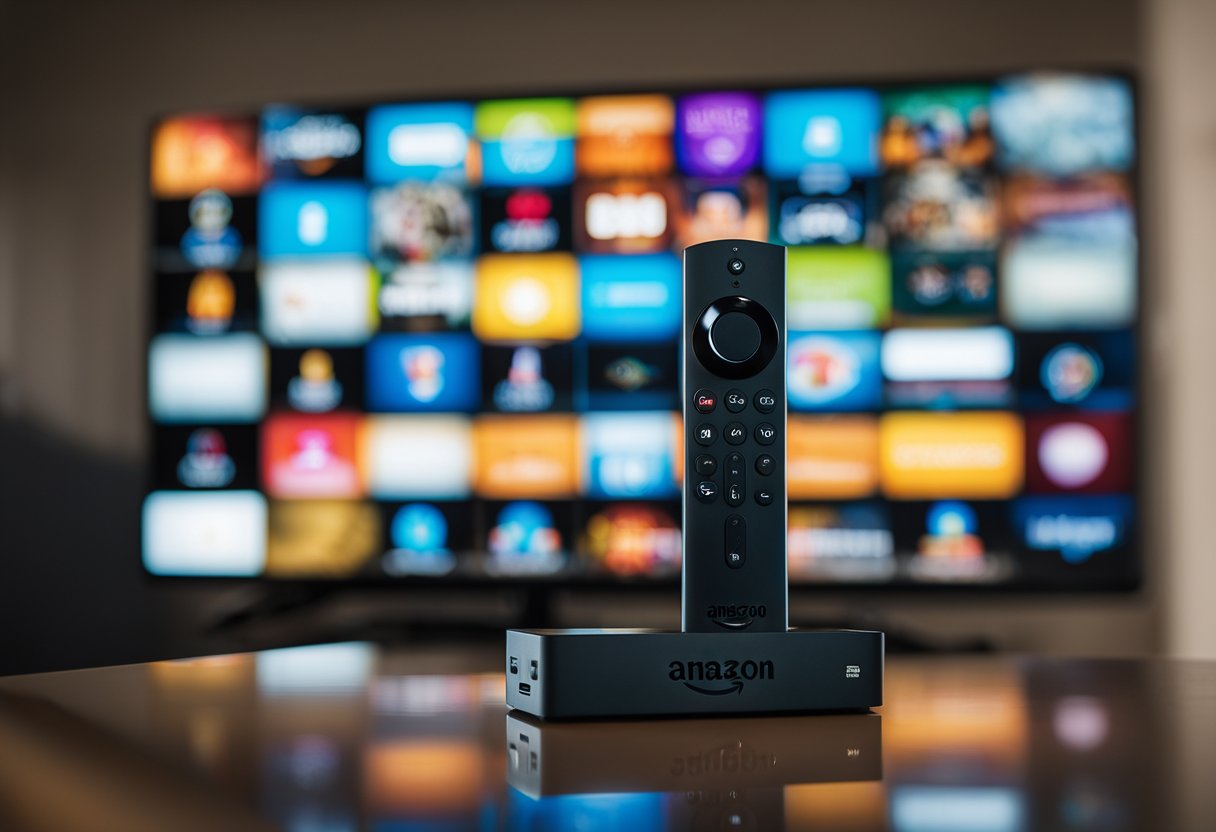 An Amazon Firestick is connected to various devices, including smart TVs, iOS, PC, Windows, Macbook, Android, and Roku, creating a network of entertainment options