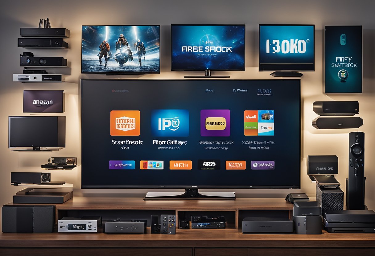 An array of electronic devices, including Amazon firestick, IPTV box, smart TV, iOS, PC, Windows, MacBook, Android, and Roku, arranged in a neat and organized display