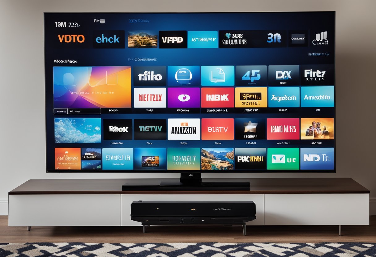 A smart TV, surrounded by various devices like Amazon Firestick, IPTV box, iOS, PC, Windows, MacBook, Android, and Roku, all integrated seamlessly