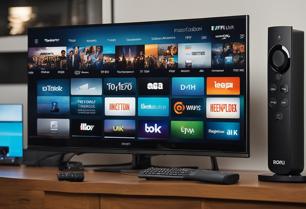 A cluttered tech setup with Amazon Firestick, IPTV box, Smart TV, iOS, PC, Windows, MacBook, Android, Roku, and other devices connected