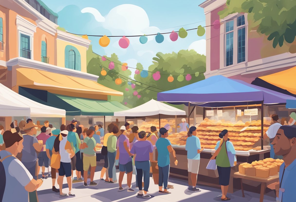 A bustling outdoor market with colorful stalls selling freshly fried beignets. A crowd of people eagerly line up to purchase the delicious pastries in Orlando