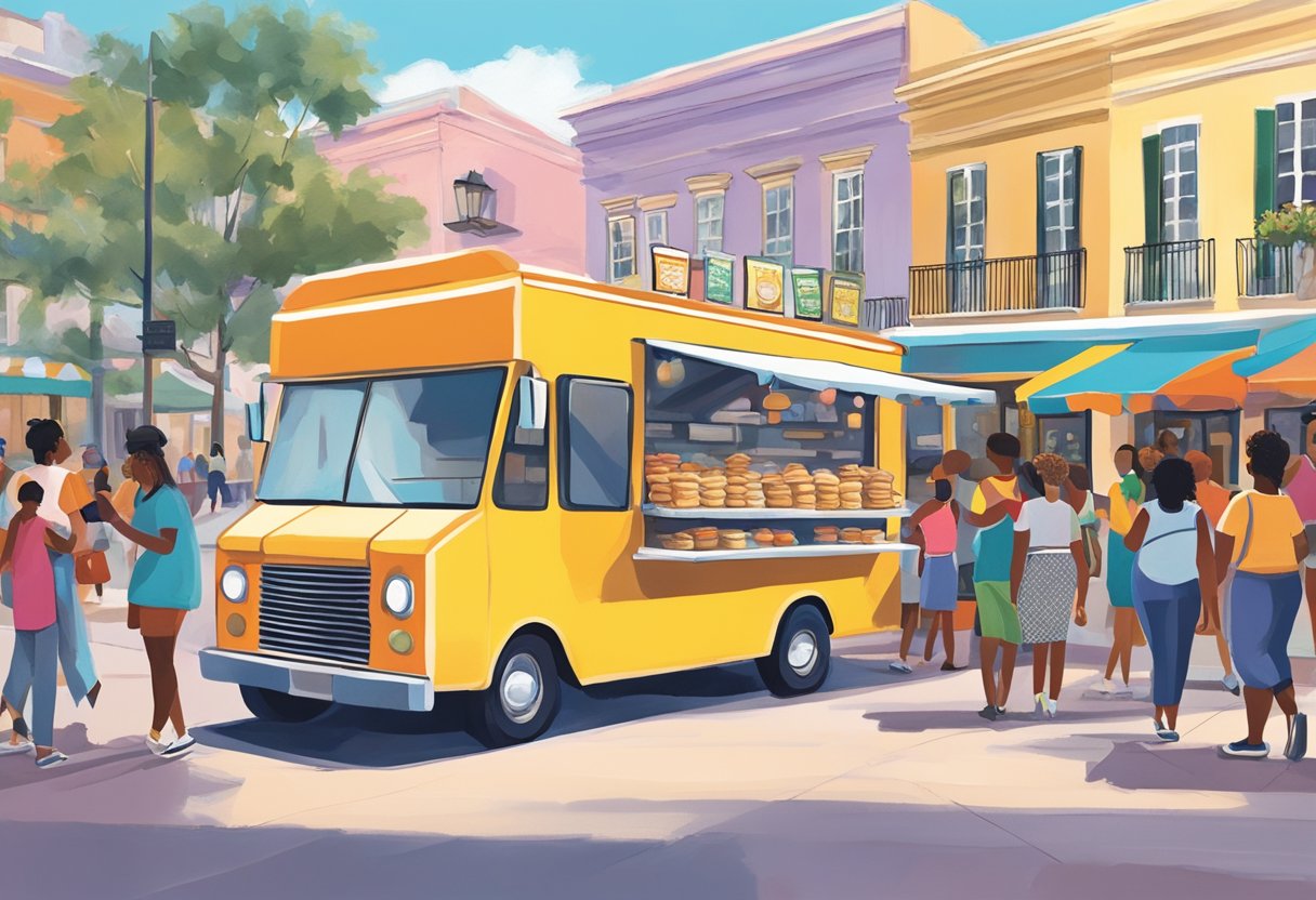 A colorful food truck sits in a bustling Orlando market, serving up fresh, hot beignets to eager customers. The scent of powdered sugar and warm dough fills the air as people line up for a taste of this classic New Orleans treat