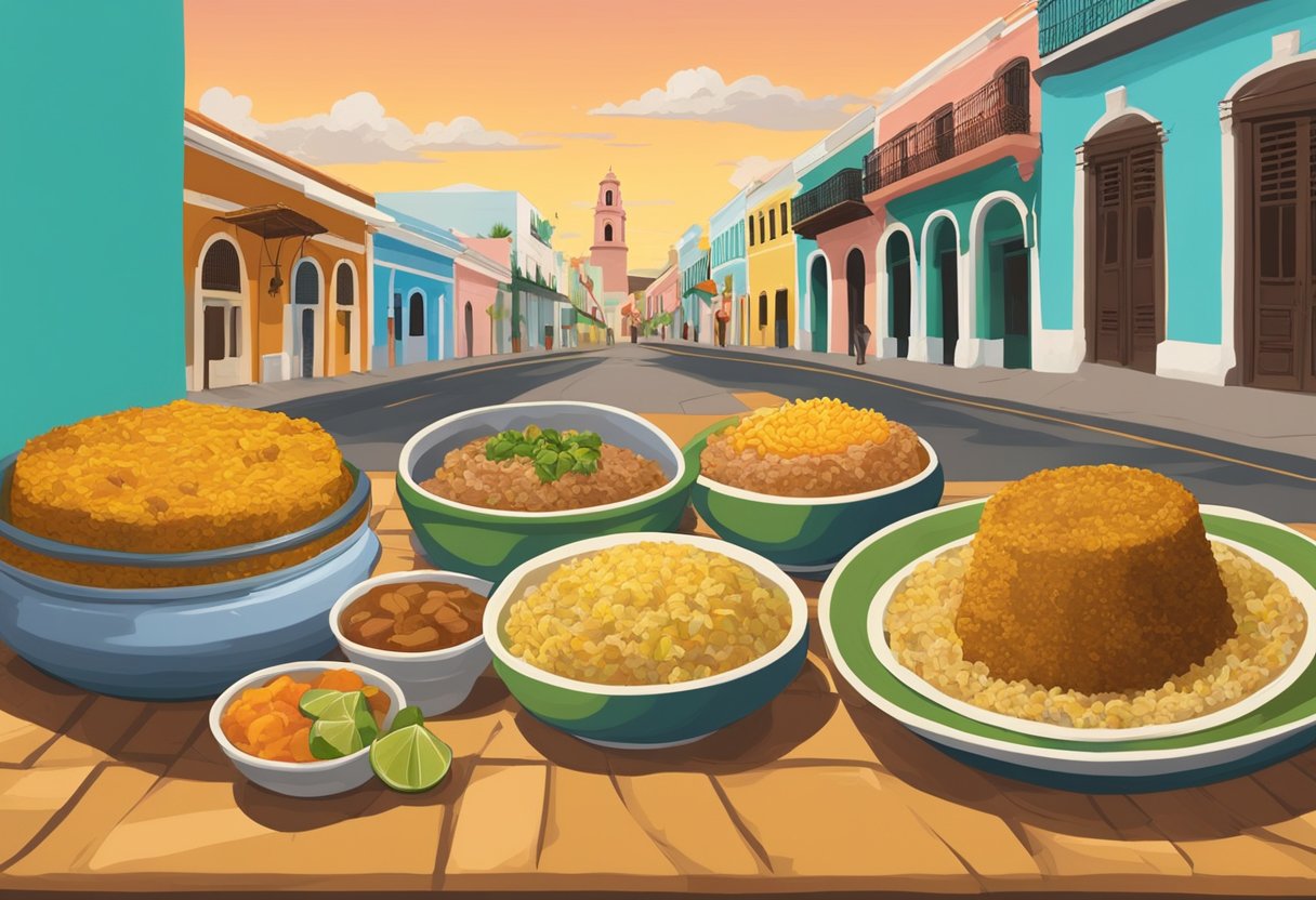 A table filled with mofongo, arroz con gandules, and pastelillos, surrounded by vibrant murals of Old San Juan