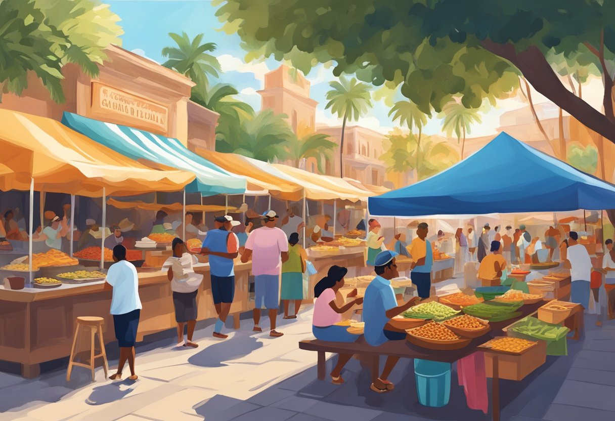 People enjoying traditional Puerto Rican cuisine at a vibrant outdoor market in Orlando. Colorful food stalls, lively music, and the aroma of delicious dishes fill the air