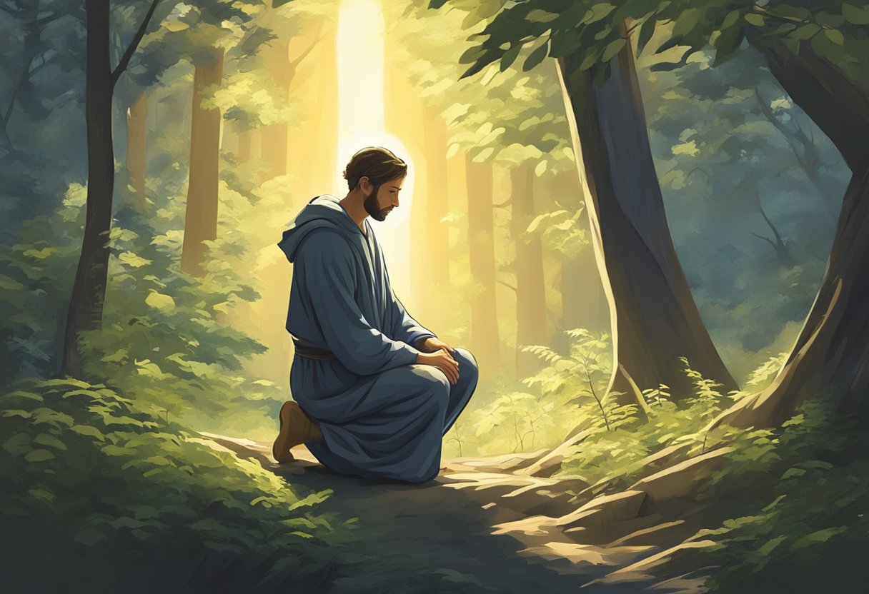 A figure kneels in a peaceful forest, head bowed in prayer under a shaft of light breaking through the trees