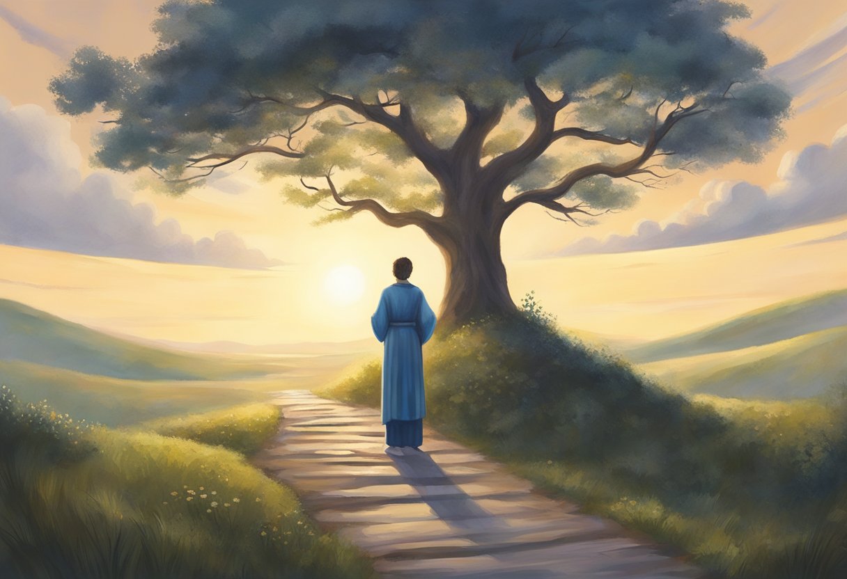A figure stands at a crossroads, looking up to the sky with open arms, as if seeking divine guidance and direction. The surroundings are peaceful, with a sense of serenity and tranquility