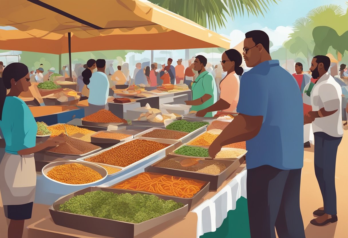 A colorful food market with vendors selling traditional Puerto Rican dishes in Orlando. The aroma of spices and sizzling meats fills the air as customers sample the various specialty foods