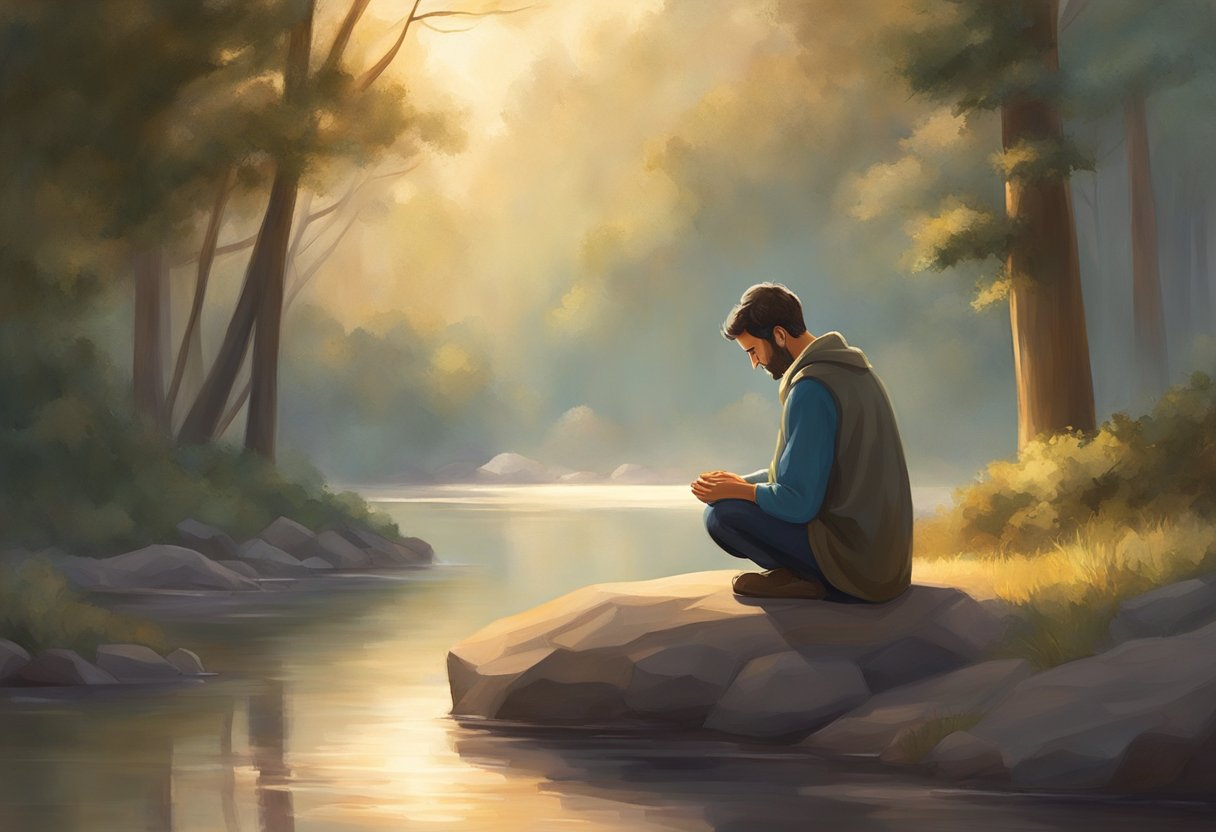 A figure stands in a peaceful, natural setting, head bowed in prayer, surrounded by a sense of calm and serenity. The scene is bathed in warm, soft light, evoking a feeling of guidance and direction