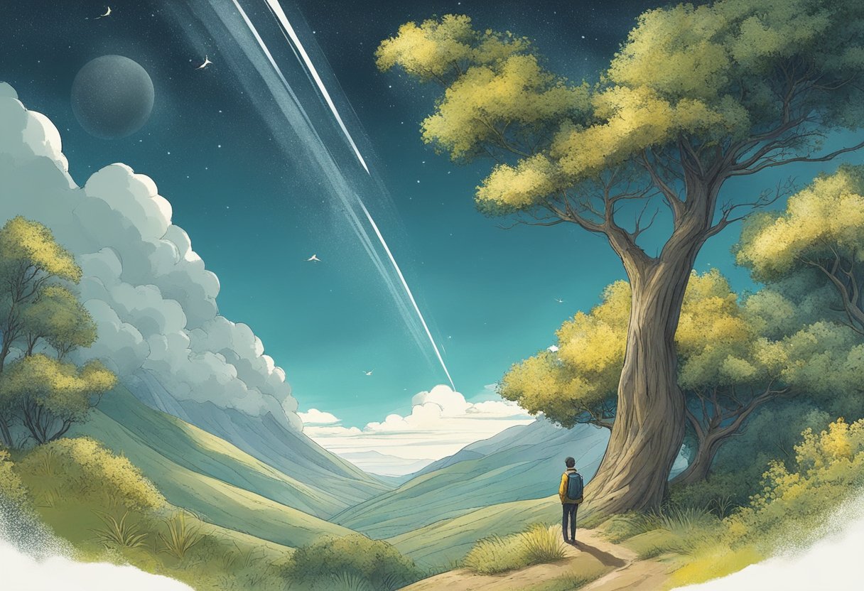 A figure looks up at the sky, surrounded by open space and natural elements. The figure's posture suggests a sense of seeking guidance and direction