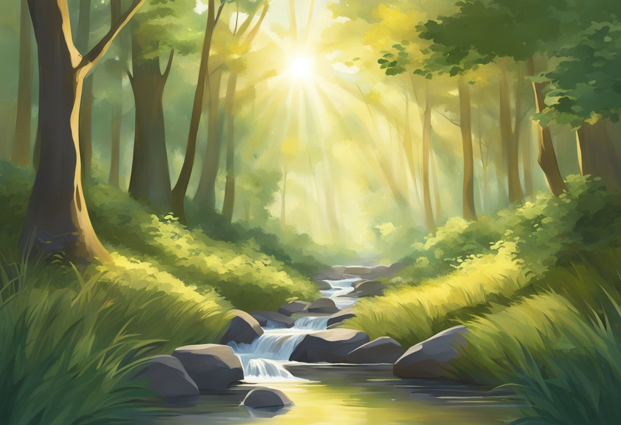 A serene forest clearing, with sunlight filtering through the trees onto a small, peaceful stream. A gentle breeze rustles the leaves, creating a sense of calm and tranquility