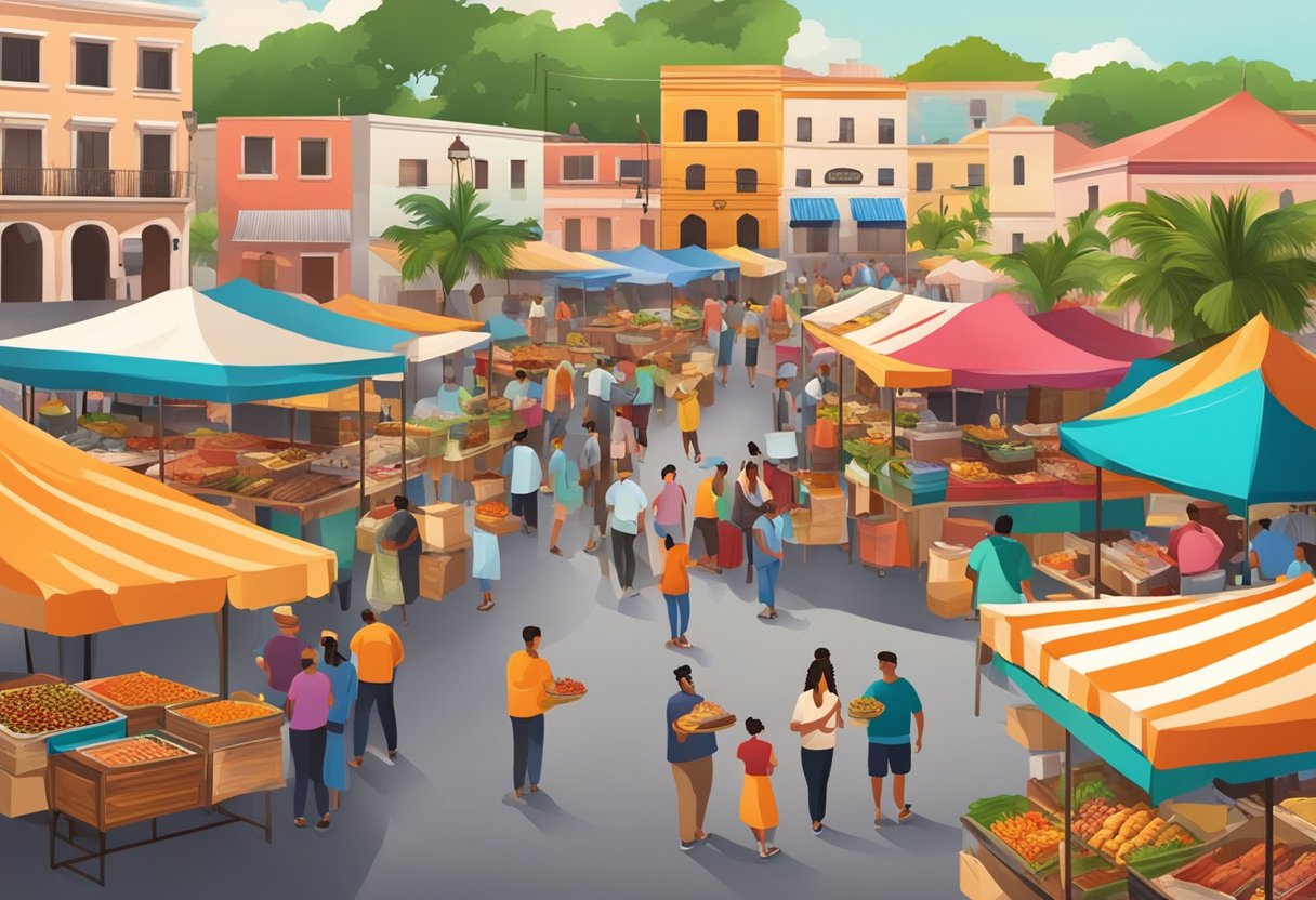 A vibrant outdoor market with colorful stalls selling traditional Puerto Rican dishes, surrounded by lively music and the aroma of sizzling meats and spices