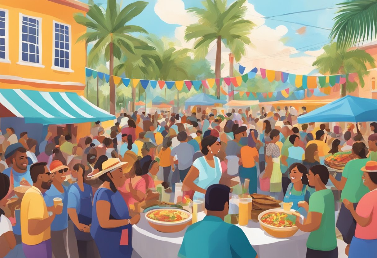 A colorful outdoor festival with Puerto Rican food vendors and lively music in Orlando. The aroma of traditional dishes fills the air as people gather to celebrate