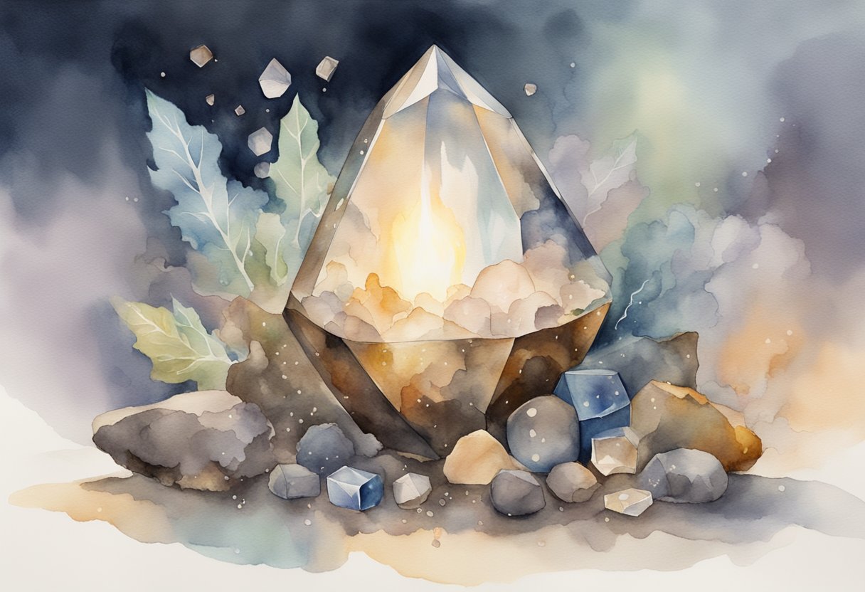 A smoky quartz emitting a soft, ethereal glow, surrounded by objects being transformed or protected by its magical properties