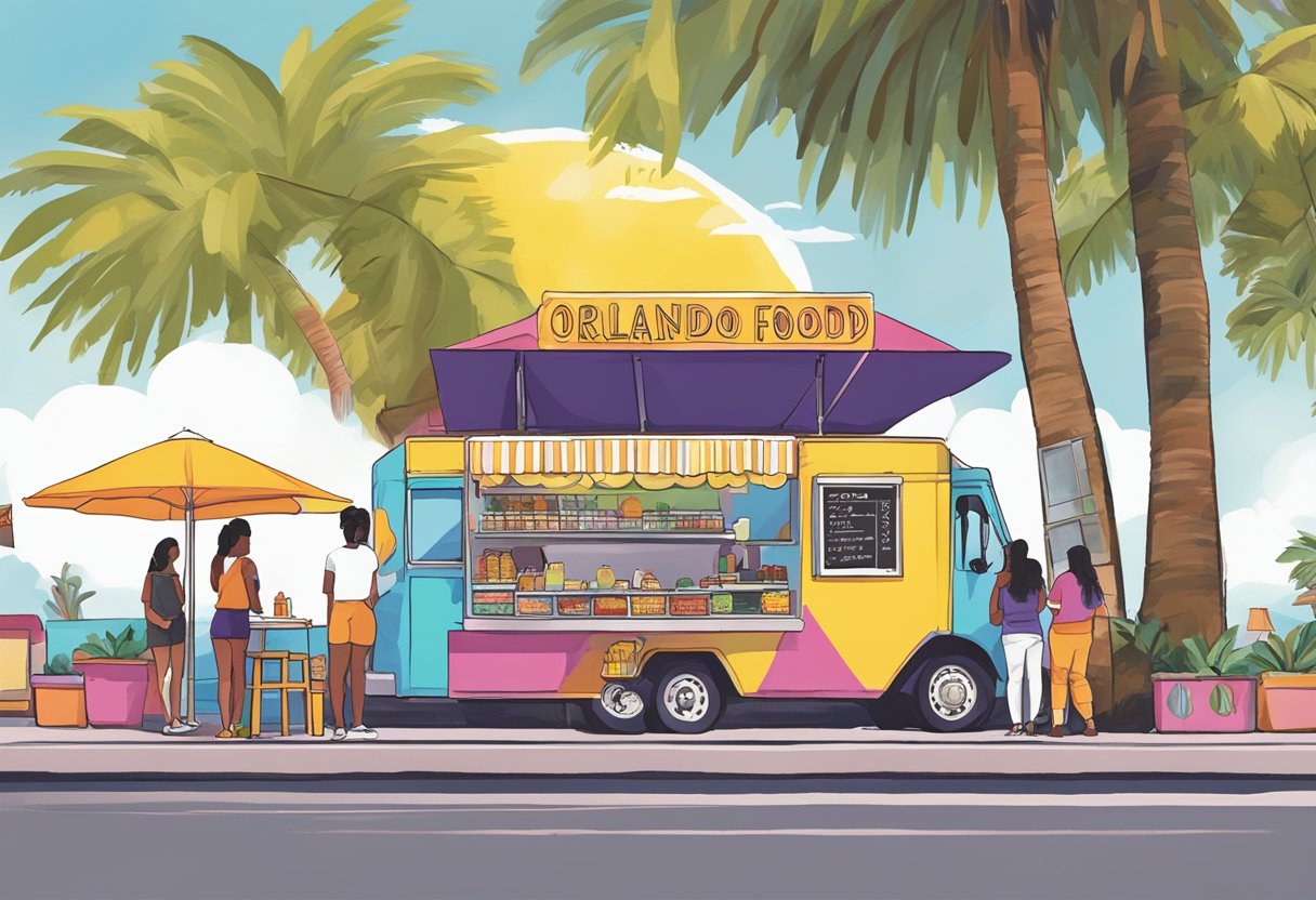 Orlando food trucks serve acai bowls under a sunny sky. Customers line up for the colorful, healthy treats