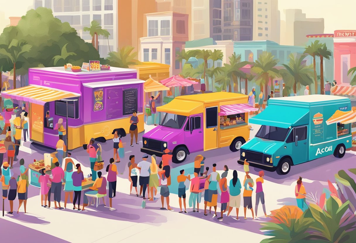 Customers line up at colorful food trucks serving acai bowls in Orlando. The trucks are adorned with vibrant signage and surrounded by a bustling crowd