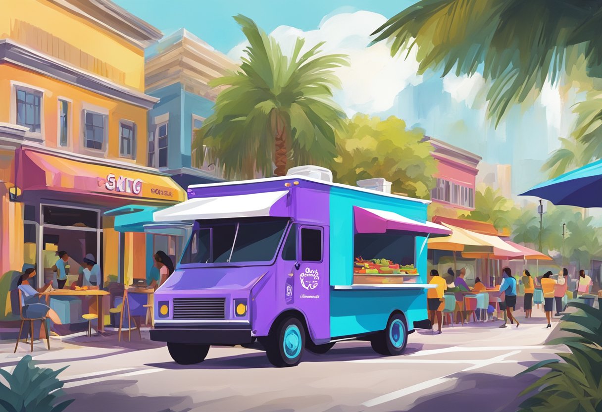 Brightly colored food trucks line the bustling streets of Orlando, offering delicious and affordable acai bowls to eager customers. The vibrant signage and enticing aromas create a lively and inviting atmosphere