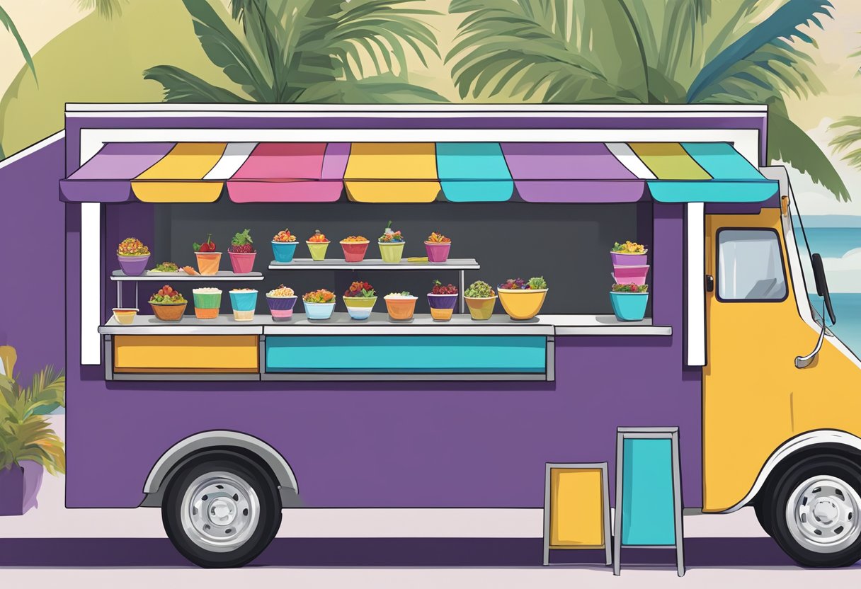 A line of colorful food trucks serving acai bowls at a bustling Catering and Events Orlando venue